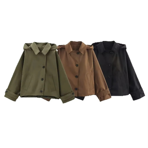 Chaqueta de otoño estilo europeo y americano con capucha, manga larga, solapa, abotonadura sencilla, estilo trench coat, chaqueta corta, ropa de calle. - Product Image 1