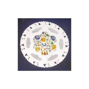Indian Best Quality Handmade White Marble Inlay Round <b>Plate</b> With Glossy <b>Surface</b> For Home Office And Kitchen Decorative Supplier. - Product Image 3