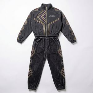 Survêtement Homme en Velours Imprimé Effet Délavé Coupe-Vent 2-en-1 avec Broderie Strass, Veste Épaisse et Pantalon Ample Streetwear - Product Image 1