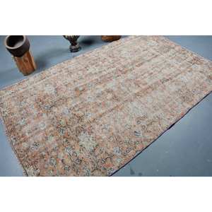 Alfombra turca vintage de 6,4x8,2 pies, tejido plano de lana beige naranja con patrón de retazos para decoración de sala de estar, uso en pasillo - Product Image 2