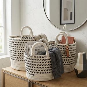 Hand Woven Recycled Plastic <b>Rope</b> <b>Storage</b> <b>Basket</b> Set Black White Arrow Stripe Arch Handle Pot Planter Setup Decor Pure Art Design - Product Image 4