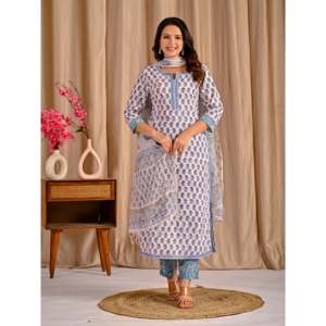 White Grey Butta <b>Block</b> <b>Printed</b> Cotton Kurta Pant Set Long Ethnic Traditional for Ladies Girls for Parties Special Occasions Net - Product Image 6