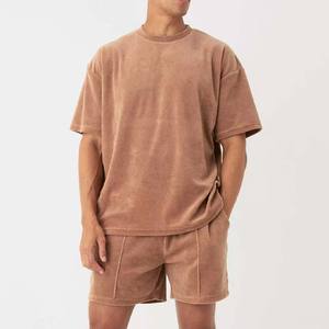 Ensemble T-shirt et short décontracté pour homme en coton épais, col rond, coupe oversize, respirant, couleur unie, idéal pour l'été - Product Image 1