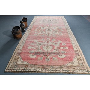 พรมขนสัตว์สีเบจสีแดงสไตล์วินเทจขนาด6.2x12.7ฟุตพรมสี่เหลี่ยมผืนผ้าตุรกีขนาดใหญ่10มม. 100% ผ้าขนสัตว์ลาเท็กซ์สำหรับโถงทางเดินห้อง - Product Image 1