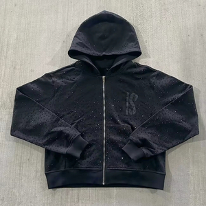 Sweat à capuche zippé pour homme, personnalisé, hiver, poids lourd, 420 GSM, respirant, broderie de strass, coton/polyester, lavage à l'acide - Product Image 1