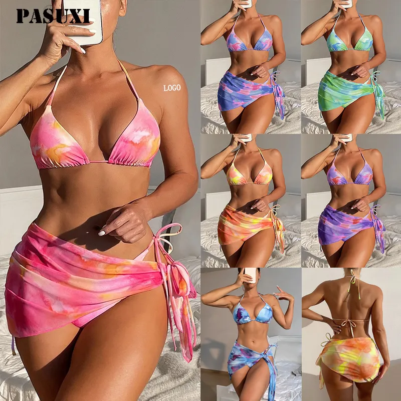 PASUXI New Halter Bikini High Waist Breathable Sexy Bikini Cover Up Custom 3D Flower Straps Swimwear 3 Piece Swimsuit Set