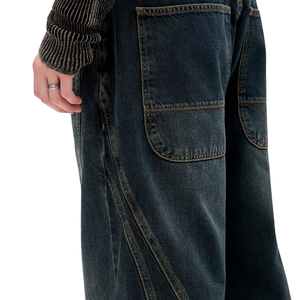 <b>Mens</b> Vintage Washed Breathable Midweight Mid Waist Wide Leg Denim Pants Loose Fit Solid Dark Blue Cotton Casual Streetwear - Product Image 4