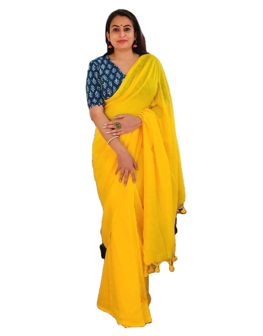 Beautiful Yellow And Contra Red Georgette Indian Western Plain With Zari Butta Work Lace Border Saree with Stylist Blouse