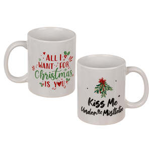 Modern Christmas Novelty <b>Ceramic</b> Coffee Mugs Set of 2 Microwave Safe Screen Printed-'All I Want' & 'Mistletoe' - Product Image 1