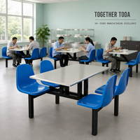 Ensemble table et chaises de restaurant rectangulaires bleues, structure métallique, sièges en plastique pour salle à manger de cantine