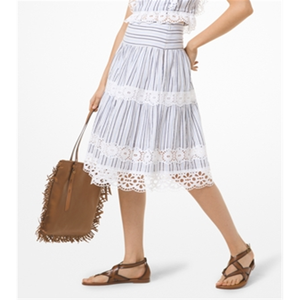 Gonna Michael Kors a Righe Blu con Occhielli, Taglia 14, in Chiffon Traspirante e Spandex, Modello Avvolgente con Decorazioni in Pizzo e Volant - Product Image 1