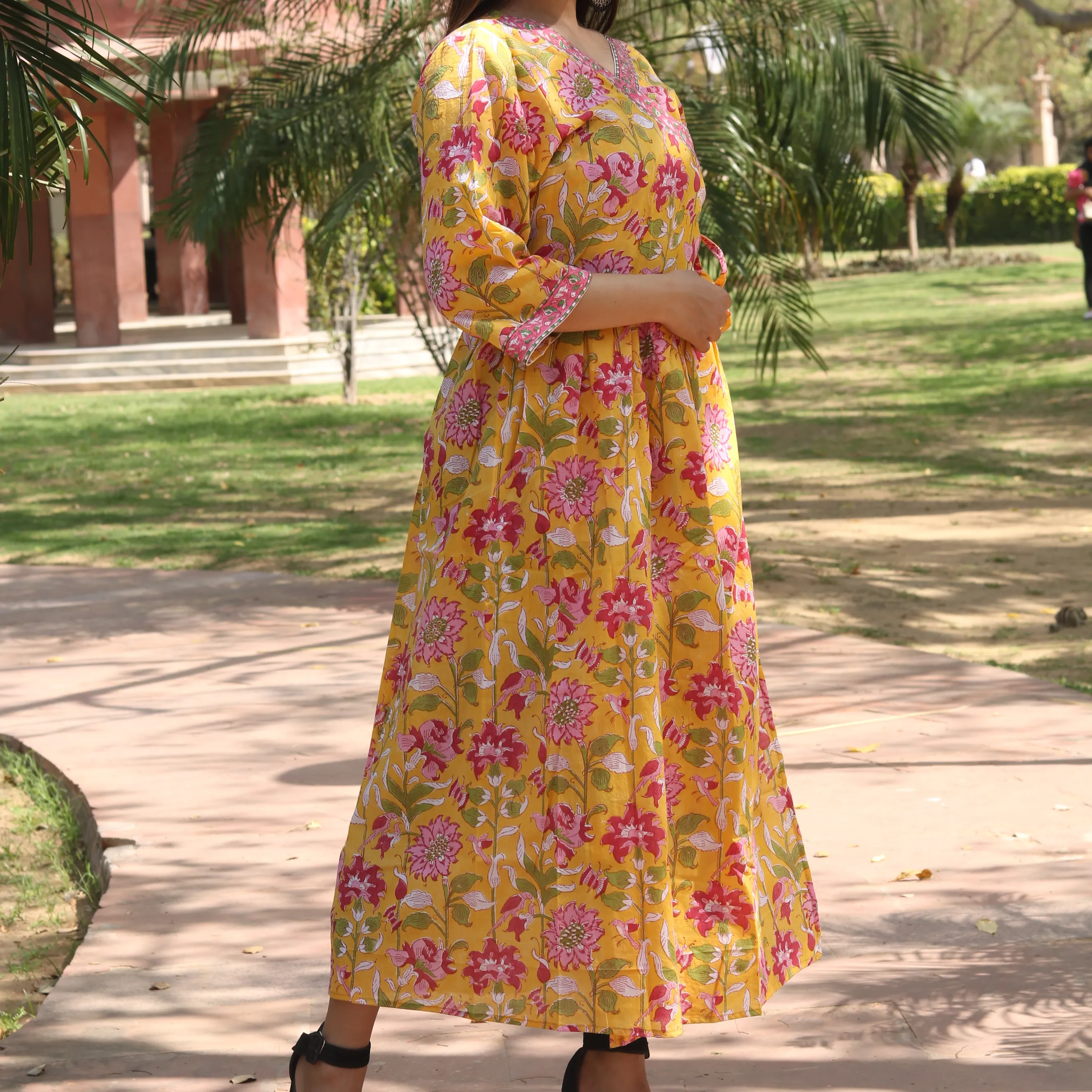 Vestido de algodão indiano para mulheres, vestido de algodão com estampa de bloco de mão, robe túnica para noite, vestido cafetã para mulheres