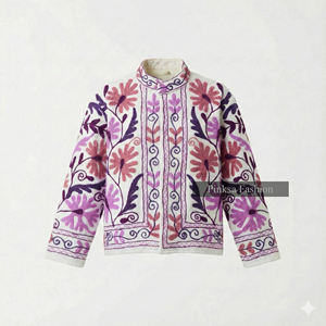 Chaqueta Artesanal Premium de Terciopelo y Algodón con Bordado Suzani Ecológico - Elegante Motivo Floral de Granada, Patrimonio Cultural - Product Image 2