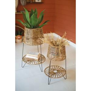 Ensemble de supports modernes en métal et rotin pour plantes, design élégant surélevé, présentoir élégant pour plantes d'intérieur, décoration de salon et de maison - Product Image 2