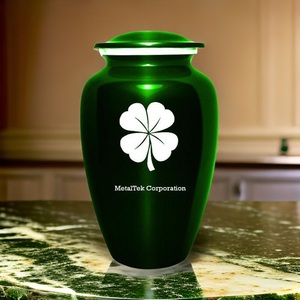 Urne funéraire en métal vert brillant Conception de feuille de trèfle Couleurs personnalisées Prix de gros Pots de cendres commémoratifs pour cérémonies funéraires - Product Image 2