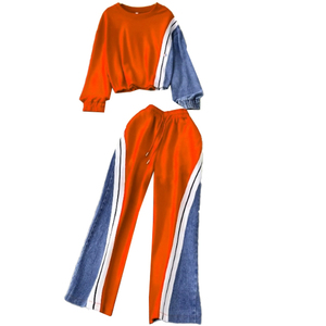 Ensemble 2 pièces pour femmes tendance et confortable pour l'hiver, sweat-shirt à manches longues à blocs de couleur, pantalon large en denim à empiècements - Product Image 4