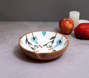 Tazón para Servir Hecho a Mano de Madera de Mango con Diseño Floral Azul y Bayas, Interior de Esmalte Blanco, Tazón Decorativo para Ensaladas y Frutas, al por Mayor - Product Image 4