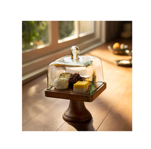 จานไม้อาคาเซียสำหรับโชว์ขนมหวานฝาแก้วทรงโดมงานปาร์ตี้ที่วางเค้กตกแต่งงานเฉลิมฉลองตามสั่ง - Product Image 2