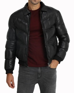 Chaqueta de bombardero de plumón para hombre, chaqueta informal de cuero auténtico, cuello de piel de oveja extraíble, chaqueta acolchada a la moda OEM personalizada - Product Image 5