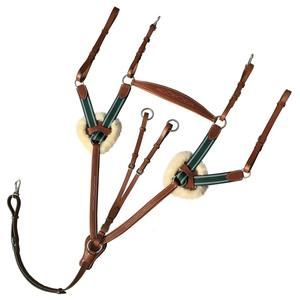 5 Point Breastplate With <b>Running</b> Attachment and Sheepskin Fur <b>Padding</b> - Green Elastic & White Lines Black Color Leather - Product Image 6