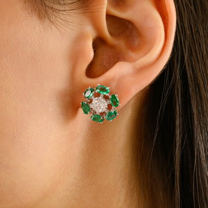New Design High Quality 14K Solid White <b>Gold</b> Natural <b>Emerald</b> & Diamond Flower Statement Stud <b>Earrings</b> Women Jewelry Wholesale - Product Image 6