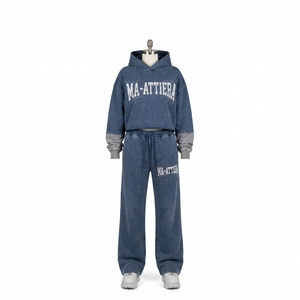 Conjunto de Sudadera Corta Azul con Efecto Ácido y Pantalones Jogger de Pierna Ancha para Mujer, de Algodón y Felpa, Estilo Urbano, Venta al por Mayor OEM - Product Image 4