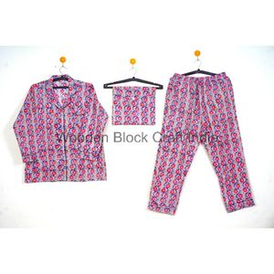 Conjunto indio de ropa de noche de algodón hecho a mano, conjunto de pijama de dama de honor con estampado de bloque de mano para mujer - Product Image 1