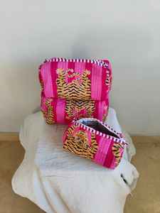 <b>Set</b> of 3 Cotton Quilted Animal Print <b>Makeup</b> Bags with Zipper Closure Lightweight Travel & for Organizer From Rajasthan - Product Image 6