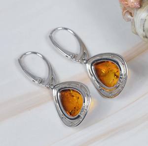 925 argent sterling massif naturel ambre baltique en forme de poire boucle d'oreille russe - Product Image 2