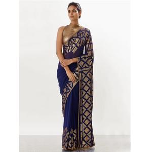 Sari de trabajo de secuencia bordada Georgette azul marino con estilo moderno con pieza de blusa para fiestas de boda para damas - Product Image 1