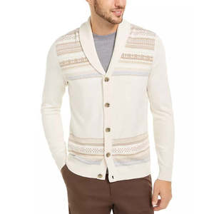 Cardigan da Uomo Tasso Elba, Taglia Grande, Bianco con Motivo Geometrico a Righe, Lavorazione Intarsia, Ricamo Vintage, Decorazione con Bottoni, Stampa Leopardata Invernale, ODM - Product Image 1
