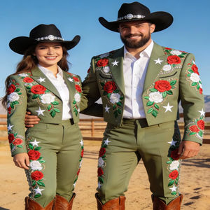Conjunto de Traje Bordado Estilo Occidental Verde Oliva para Hombre y Mujer, Blazer y Pantalones Estilo Vaquero - Product Image 1