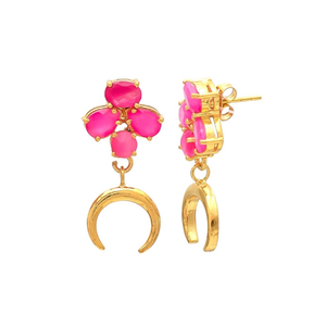 Pendientes de plata de ley 925 con forma ovalada, Gema de Calcedonia, color fucsia, novedad - Product Image 1