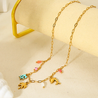 Vente en gros Collier pour femme en acier inoxydable plaqué or 18 carats émail corail palmier dauphin pierres dauphin
