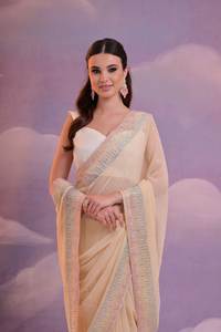 Collection de saris en soie géorgette plissée ethnique indienne élégante, magnifique sari brodé de fils lourds + blouse multicolore large - Product Image 2