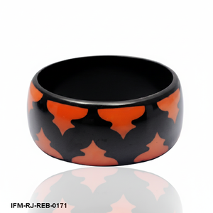 Handmade <b>Black</b> Resin Bangle with Orange Decorative Inlays Bold Chunky Patterned <b>Bracelet</b> For <b>Woman</b> - Product Image 1