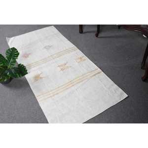 Alfombra Turca Vintage Pequeña de 2.5x5.7 pies, Alfombra Blanca con Plantas y Árboles Amarillos - Product Image 1