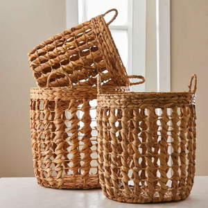 Ensemble vietnamien de 3 paniers de rangement ronds panier à linge vêtements avec couvercle panier en jacinthe d'eau produits du Vietnam panier marron foncé - Product Image 6