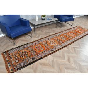 2.5x11.2 ft Vintage <b>Rug</b>, Turkish <b>Runner</b> <b>Rug</b>, Orange Brown Camouflage Wool <b>Rug</b> - Product Image 2