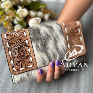 Cartera de piel de vaca auténtica hecha a mano, cartera occidental para tarjetas de crédito, cosida a mano, para mujer - Product Image 1