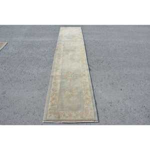 Vintage Turkish <b>Rug</b>, 2.2x10.6 ft <b>Runner</b> <b>Rug</b>, Gray Pink Abstract Wool <b>Rug</b> - Product Image 1