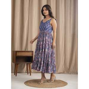 Vestido largo de algodón Mulmul azul con tirantes, estampado a mano, estilo gótico casual, transpirable, talla XS, ideal para fiestas de verano. - Product Image 5