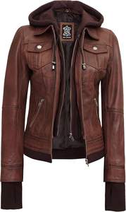 Veste en cuir à capuche pour femme-Veste en cuir d'agneau véritable pour femme avec capuche amovible - Product Image 3