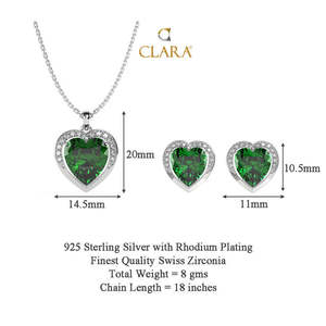 Parure de bijoux CLARA en argent sterling 925, pendentif cœur vert foncé, boucles d'oreilles et chaîne plaqués rhodium avec zircone suisse, idéal pour un cadeau - Product Image 5