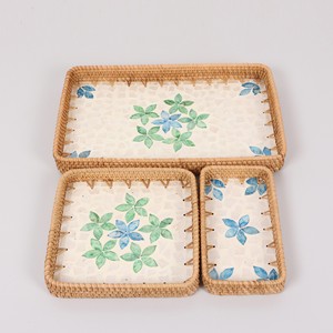 Bandeja de Servicio Rectangular de Nácar Sostenible con Ratán, Diseño Floral Verde, Venta al por Mayor para Cocina, Restaurante y Cafetería - Product Image 6