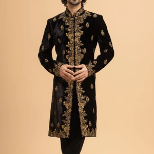 2024 Designer Embroidered <b>Black</b> Sherwani Set with Crystal Glass Beads & Dabka <b>Work</b> Matched <b>Pant</b> & Shoe Latest Groom Style Fabric - Product Image 1