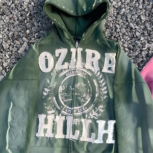 Sustainable fashion Custom Embroidered Patches Logo Vintage Zip up Distressed Heavyweight Applique Patch Oversized <b>mens</b> Hoodies - Product Image 3