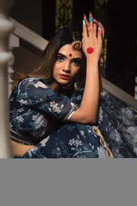 <b>Navy</b> Blue Floral Lehenga Set with Printed <b>Skirt</b> Deep Neck Blouse and Dupatta Elegant Designer Indian Festive Wear Outfit Fashion - Product Image 3