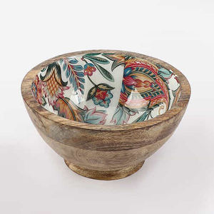 Bol de service en bois d'acacia de qualité supérieure Design imprimé en émail fait à la main indien fini naturel pour la cuisine polyvalente et l'utilisation de mariage - Product Image 5