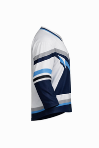 Jersey de Hockey sobre Hielo Geométrico Azul Marino y Blanco para Hombre, Manga Tres Cuartos, Cuello en V, Absorbe la Humedad, Sublimado - Product Image 2